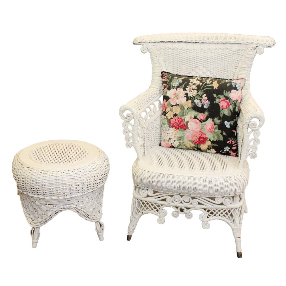 White Wicker Weave Chair and Ottoman