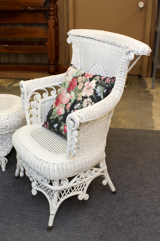 White Wicker Weave Chair and Ottoman