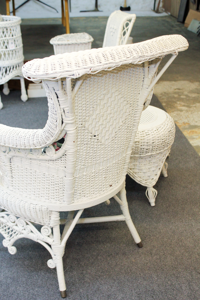 White Wicker Weave Chair and Ottoman