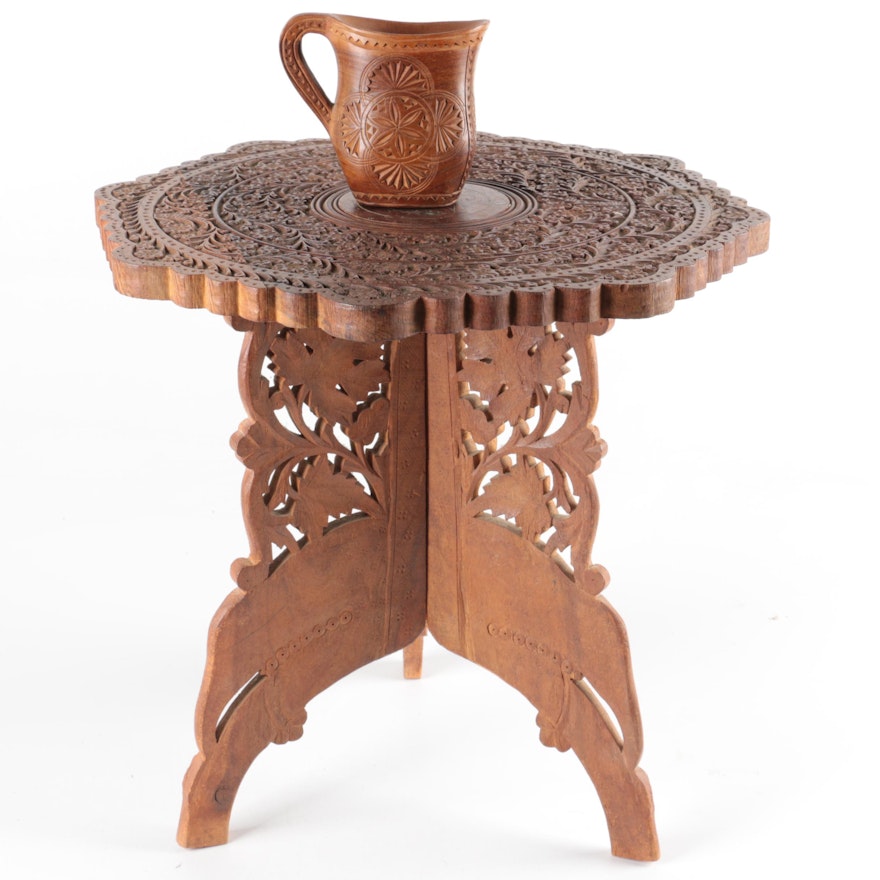 Indian Carved Teak Table and Pitcher