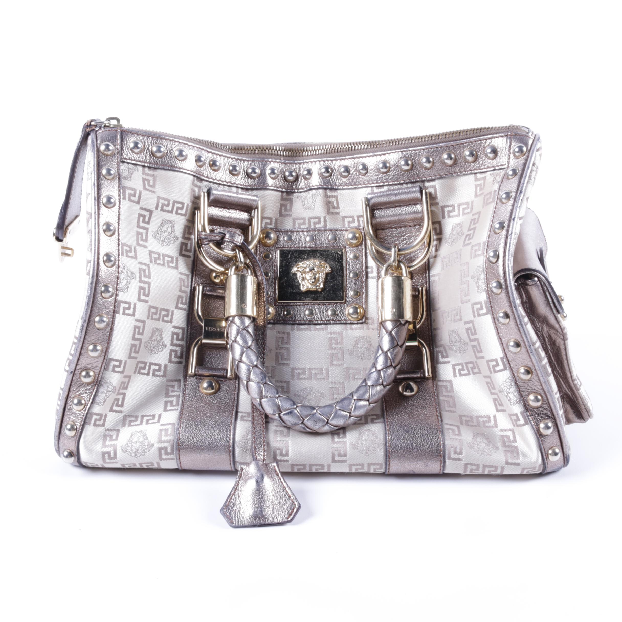 Versace Madonna Metallic Silver Leather and Silk Jacquard Handbag