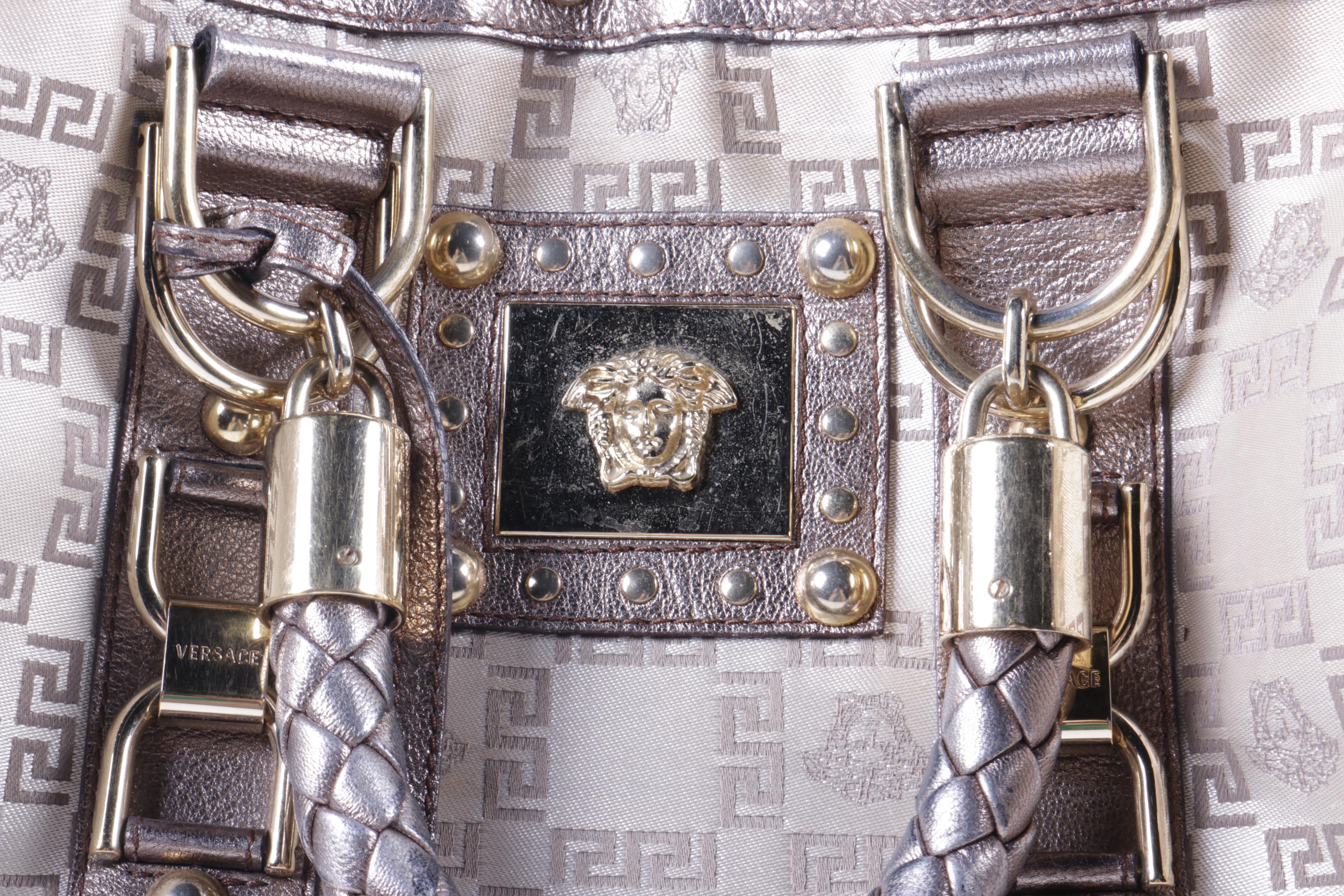 Versace Madonna Metallic Silver Leather and Silk Jacquard Handbag
