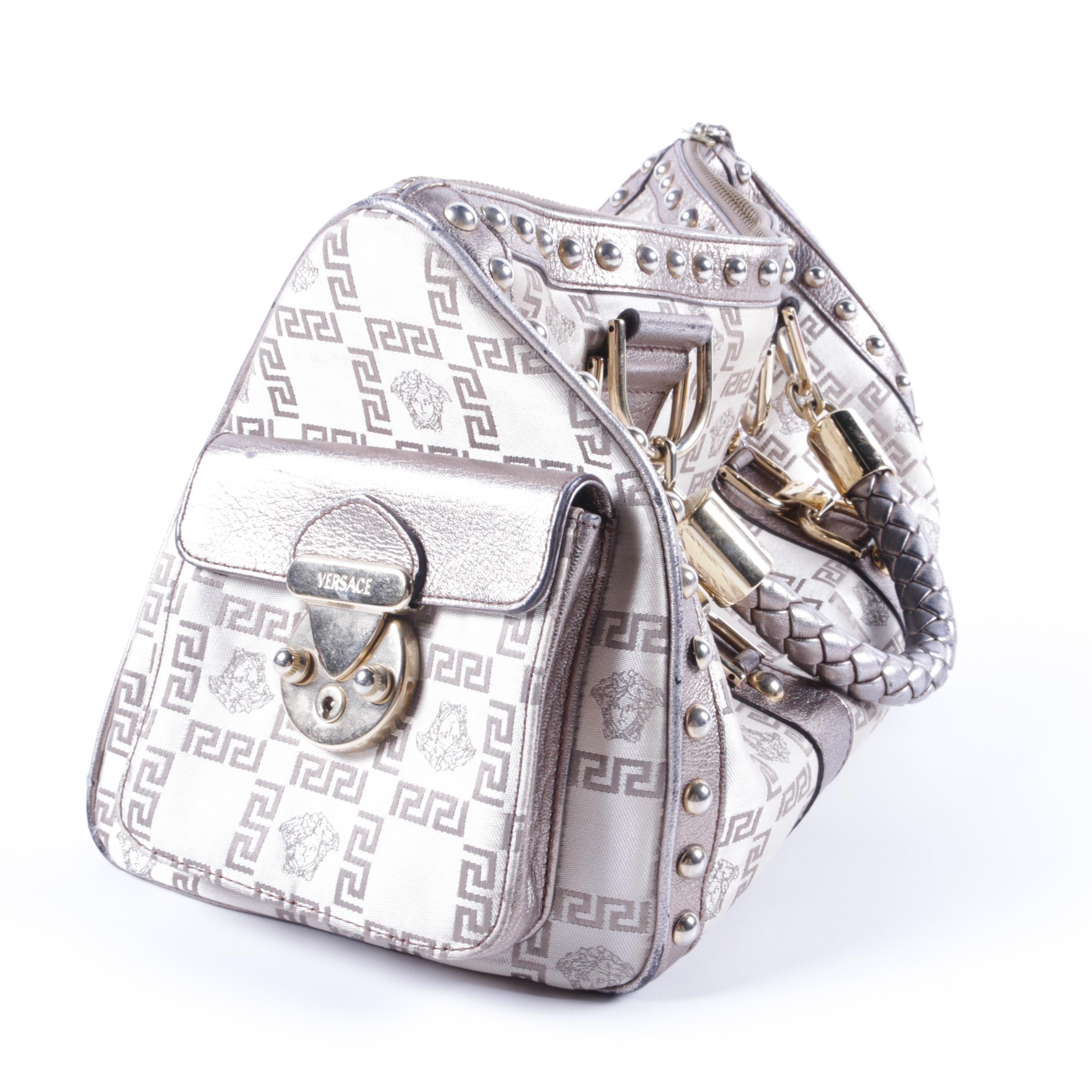 Versace Madonna Metallic Silver Leather and Silk Jacquard Handbag