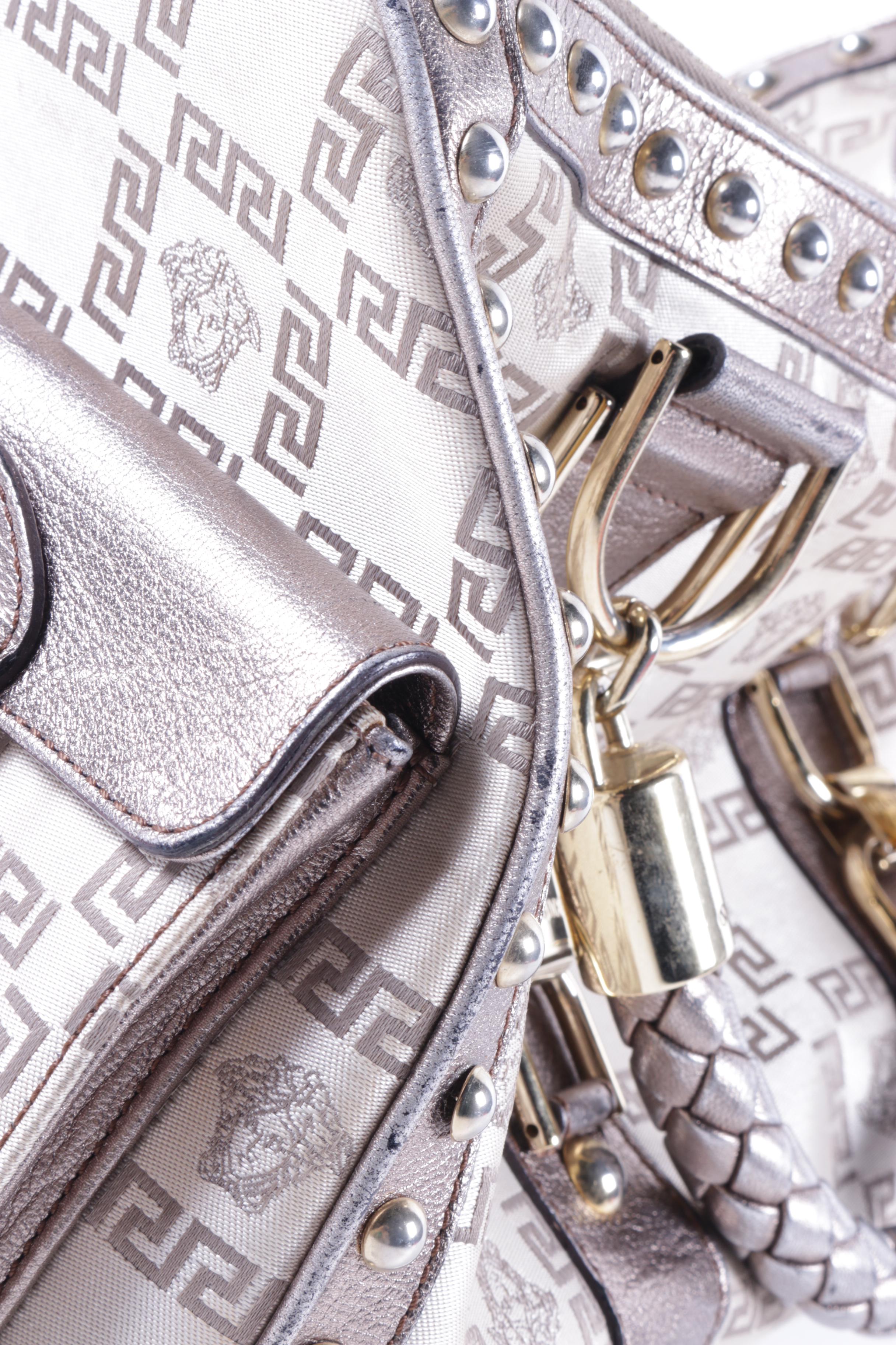 Versace Madonna Metallic Silver Leather and Silk Jacquard Handbag