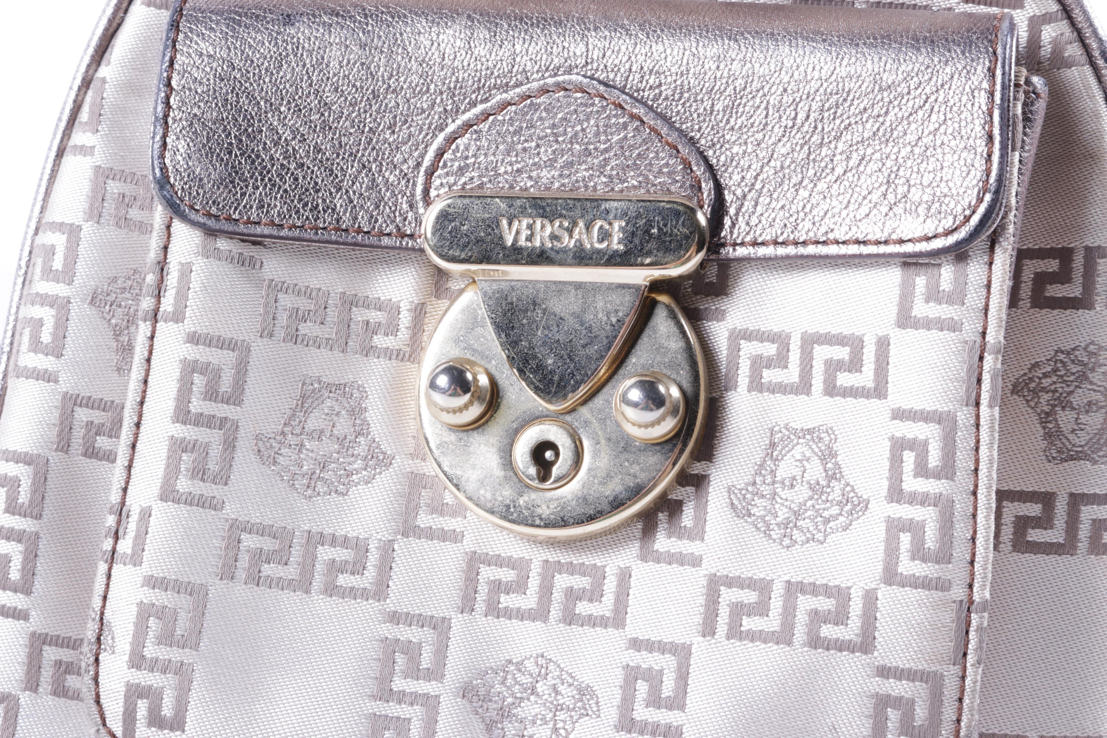 Versace Madonna Metallic Silver Leather and Silk Jacquard Handbag