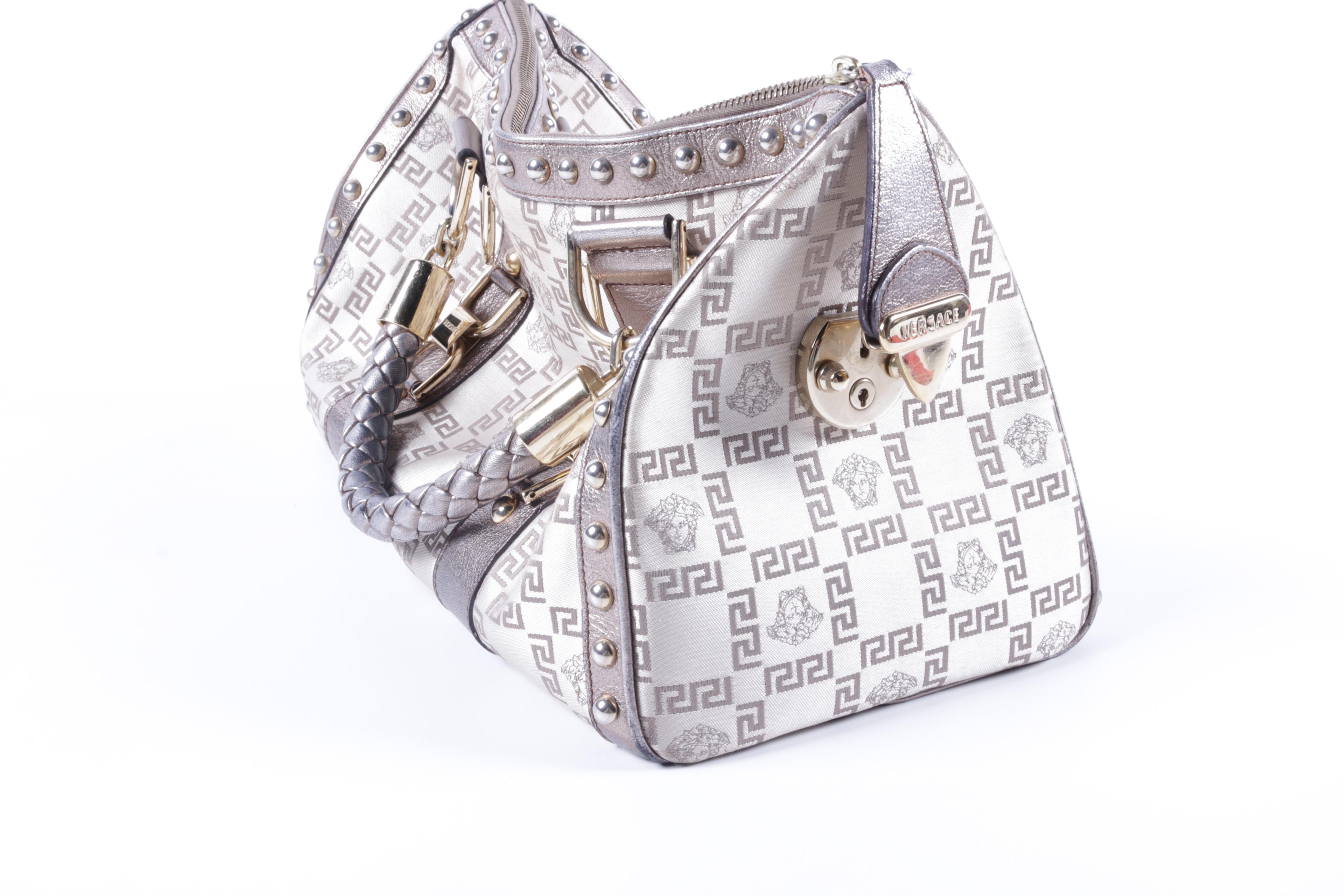 Versace Madonna Metallic Silver Leather and Silk Jacquard Handbag