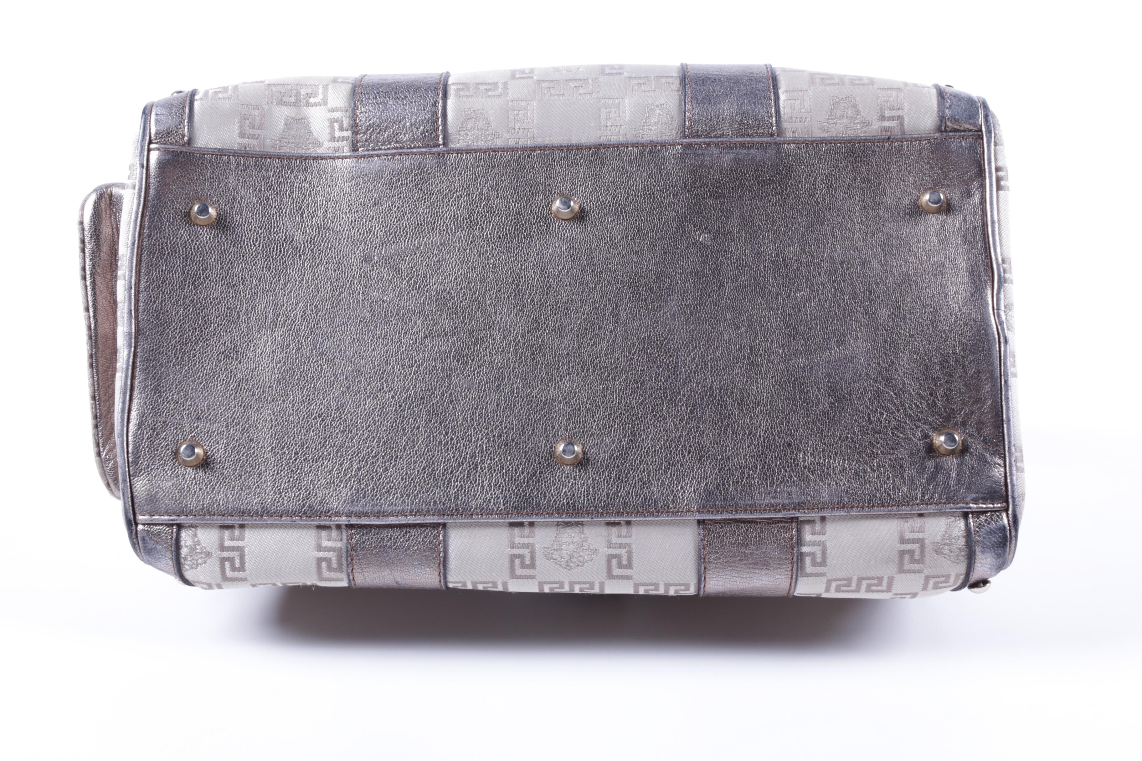 Versace Madonna Metallic Silver Leather and Silk Jacquard Handbag