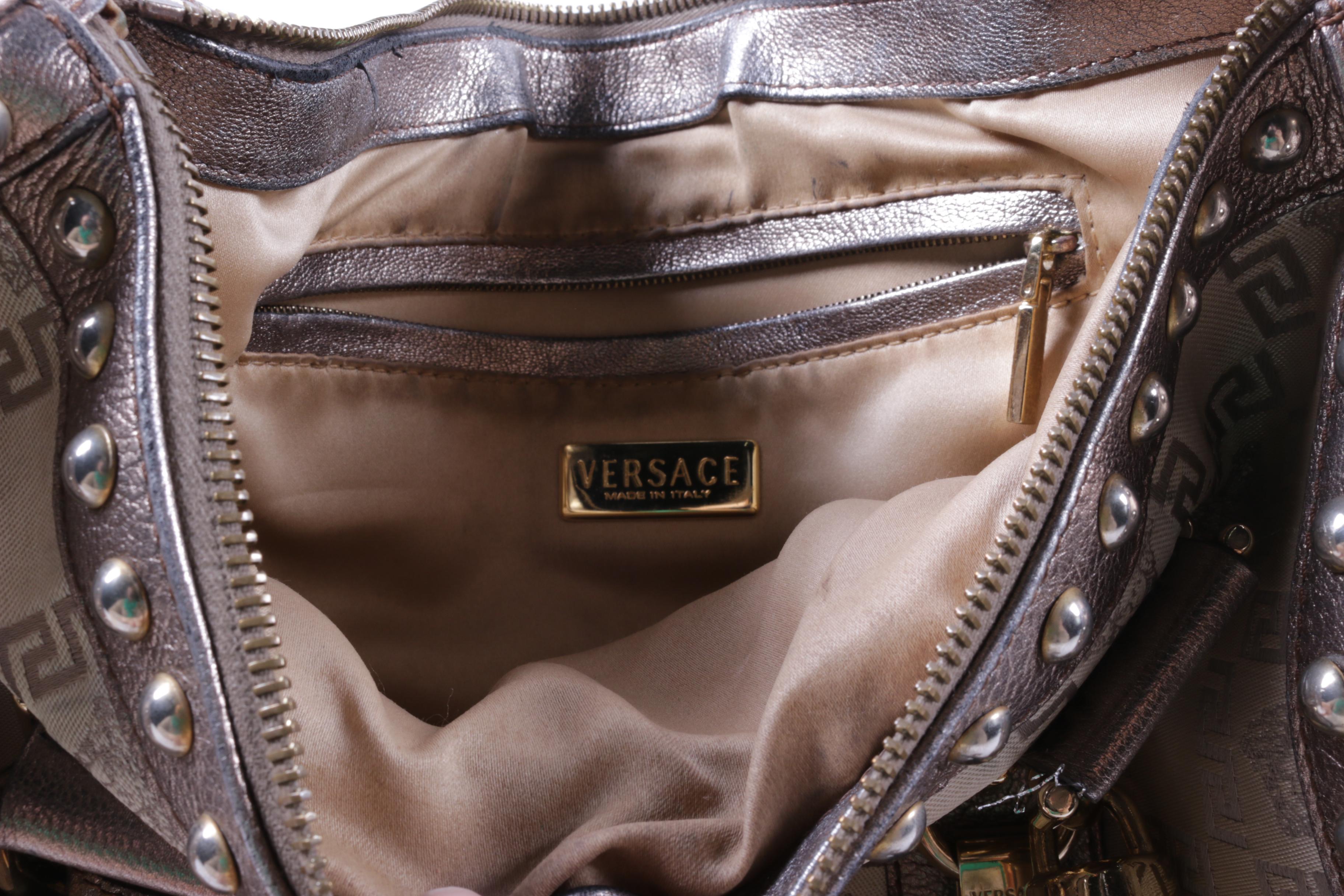 Versace Madonna Metallic Silver Leather and Silk Jacquard Handbag