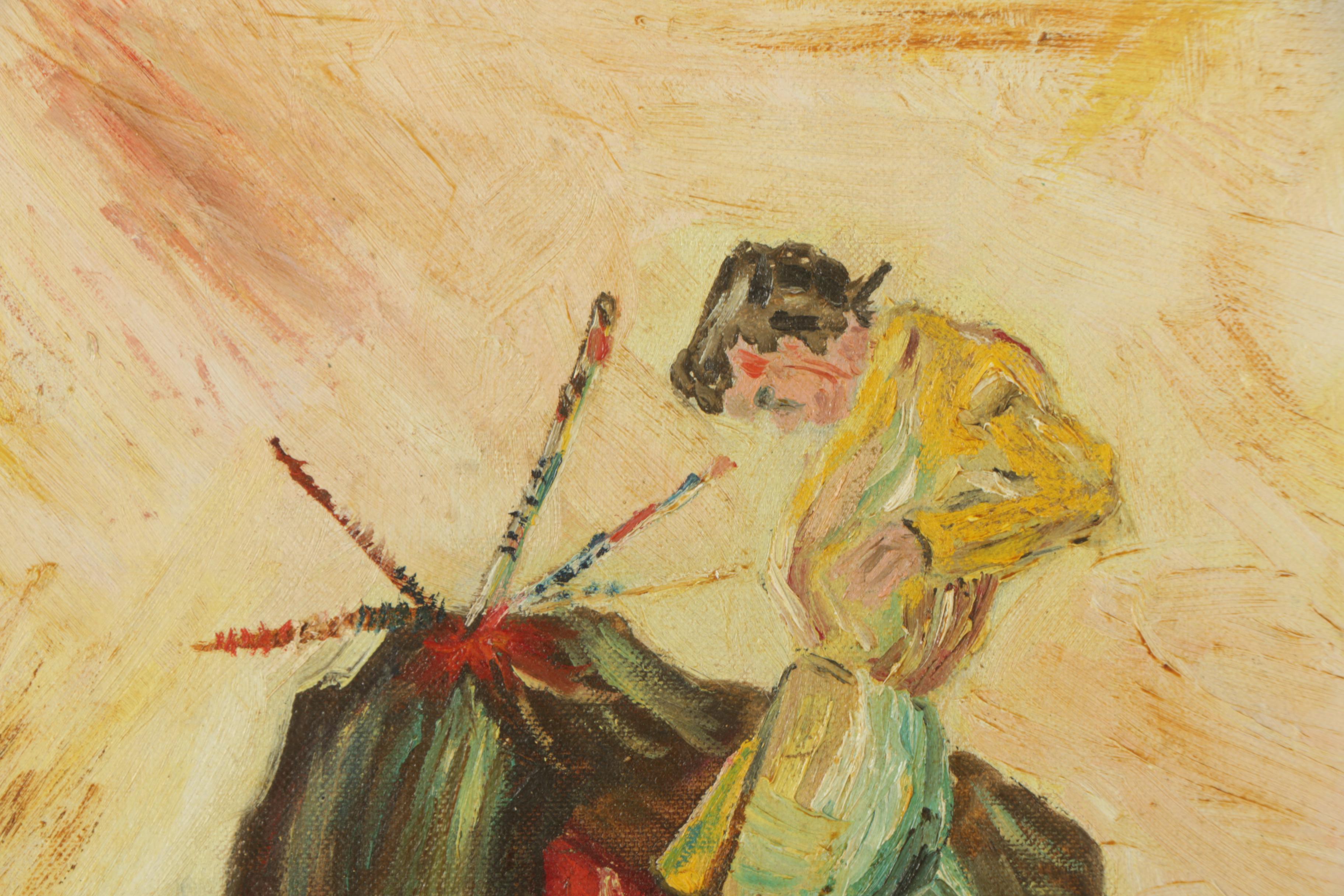 R. Titus 1957 Oil Painting on Canvas Board of Bull and Matador