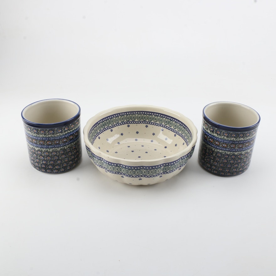 Ceramika Artystyczna Hand-Painted Polish Pottery Utensil Jars and Bowl