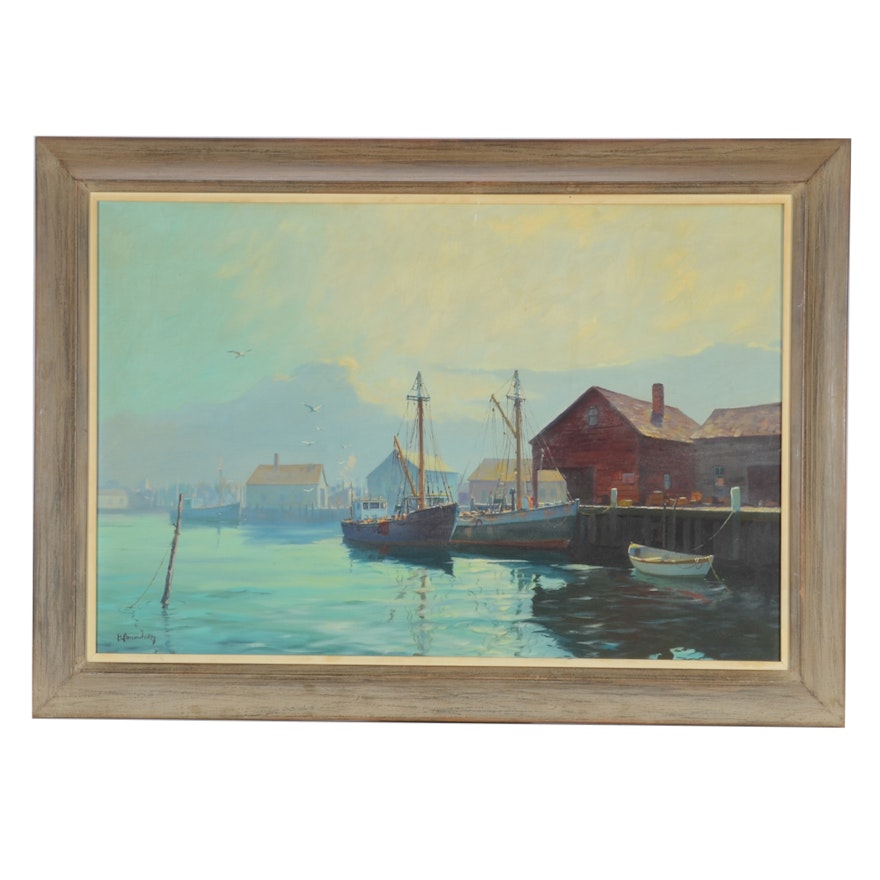 H. Amundsen Oil painting of a Harbor Scene