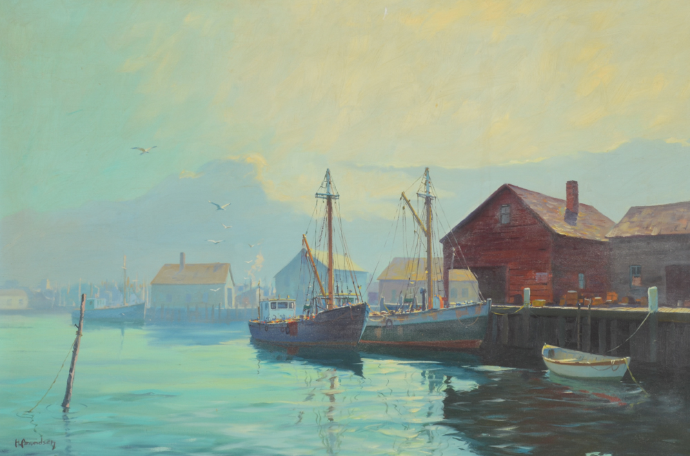 H. Amundsen Oil painting of a Harbor Scene