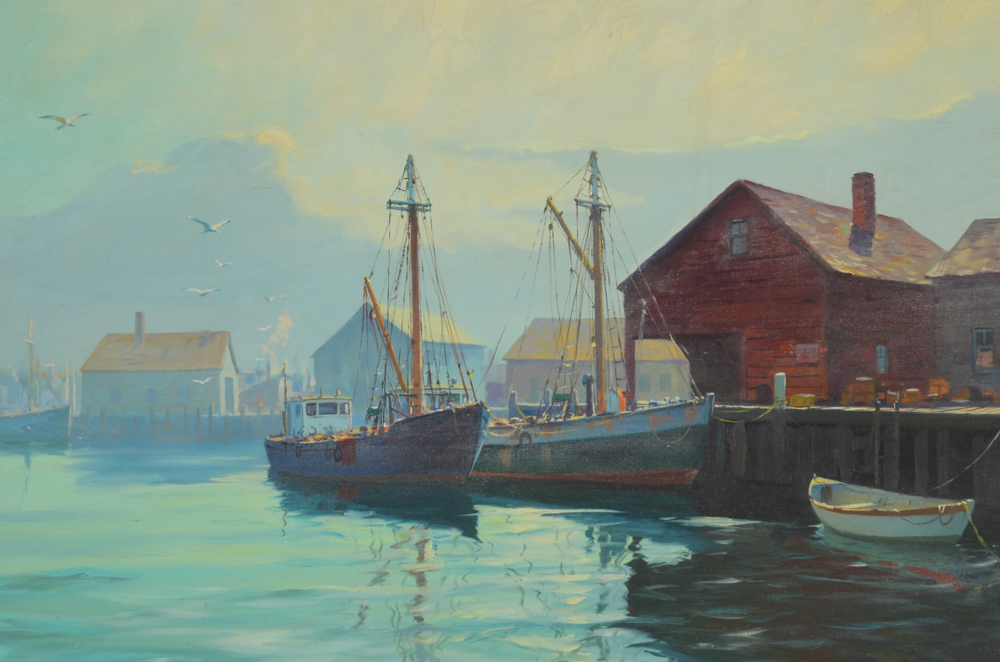 H. Amundsen Oil painting of a Harbor Scene