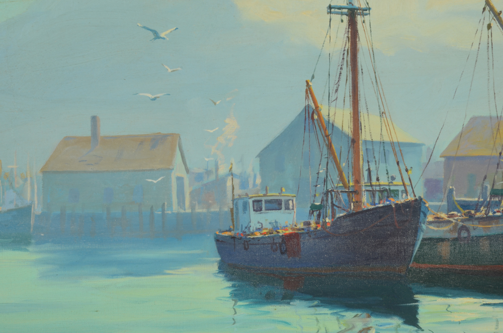 H. Amundsen Oil painting of a Harbor Scene