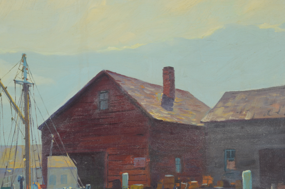 H. Amundsen Oil painting of a Harbor Scene