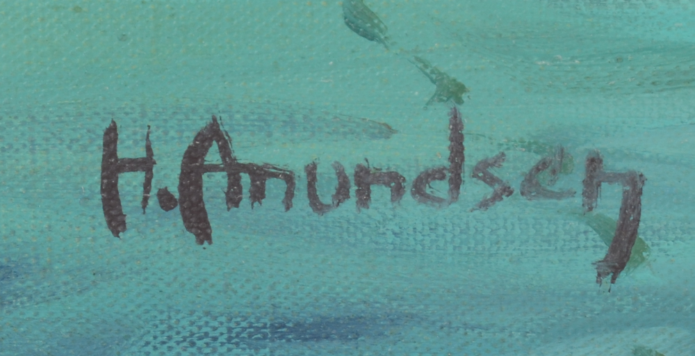 H. Amundsen Oil painting of a Harbor Scene