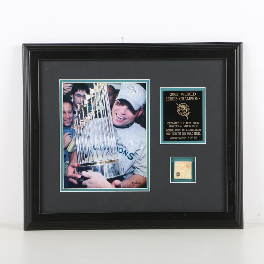 Photograph of Iván Rodríguez Framed with Piece of Base from 2003 World Series