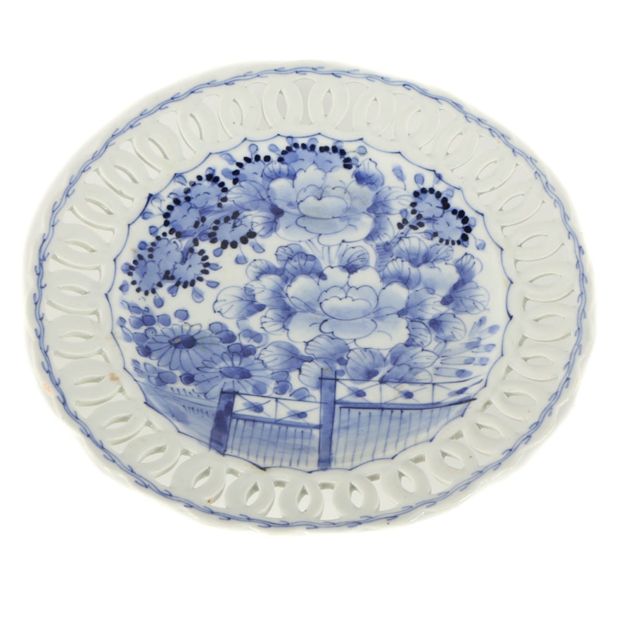 Japanese Porcelain Platter with Blue Floral Glaze Design