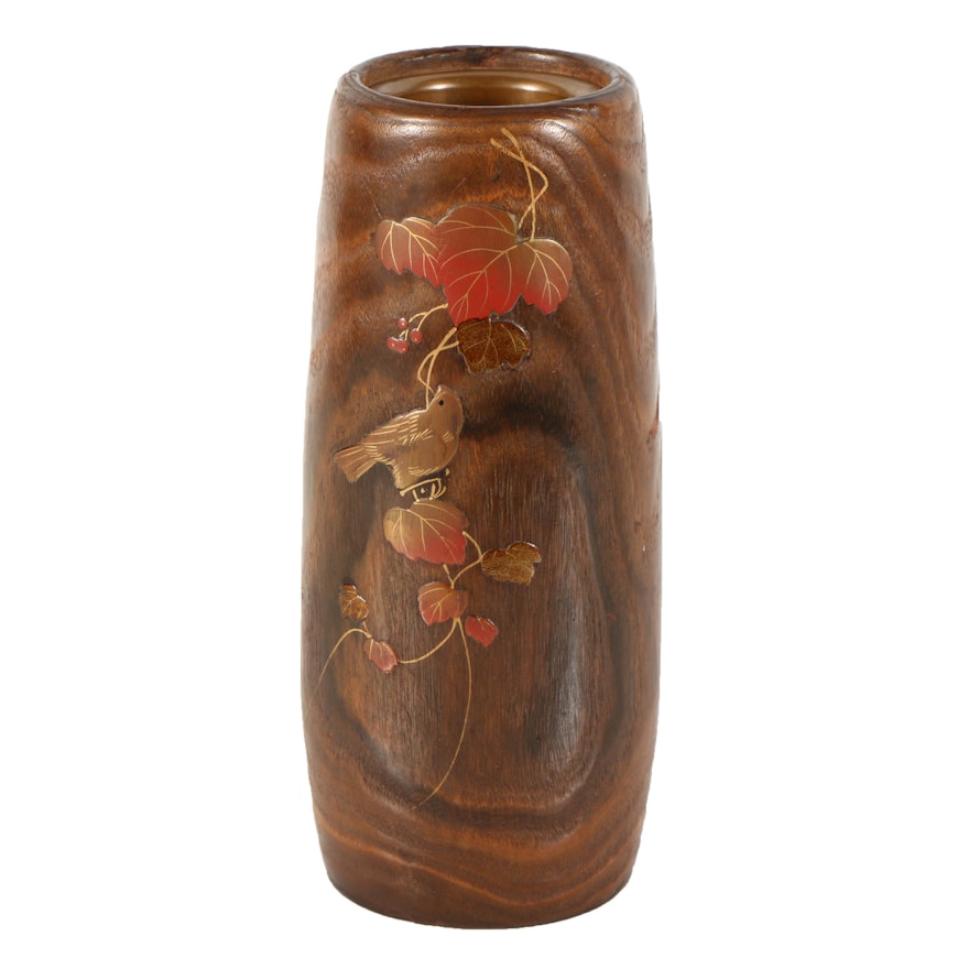 Japanese Wooden Vase with Bird Motif