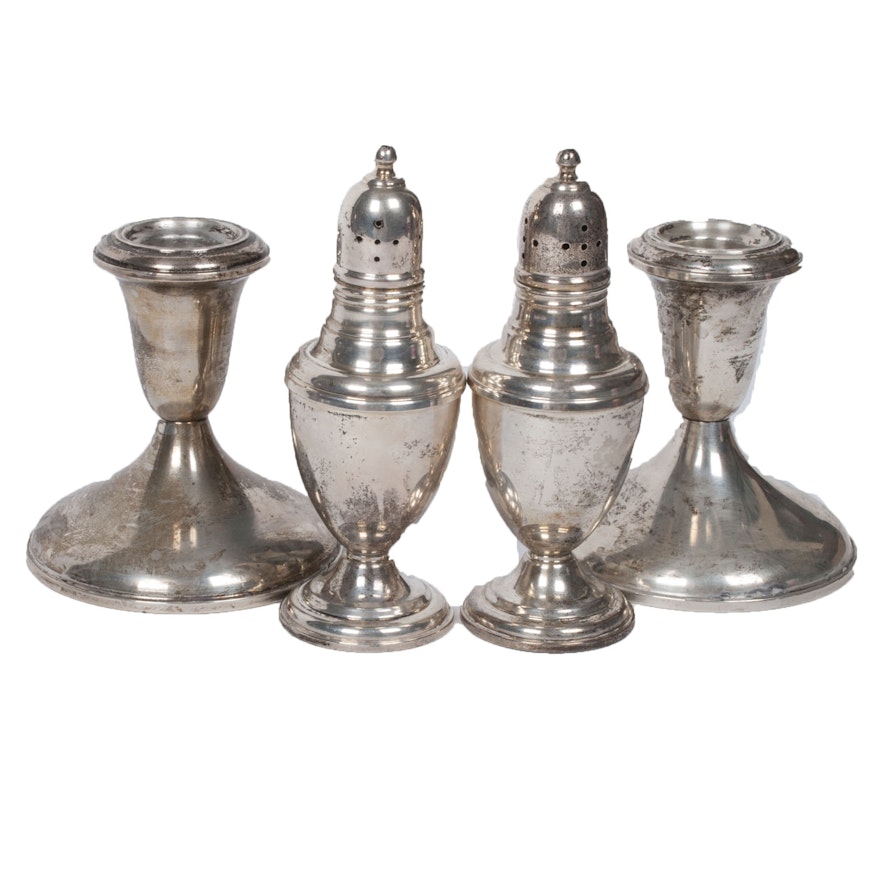 Vintage Weighted Sterling Silver Candleholders with Salt and Pepper Shakers