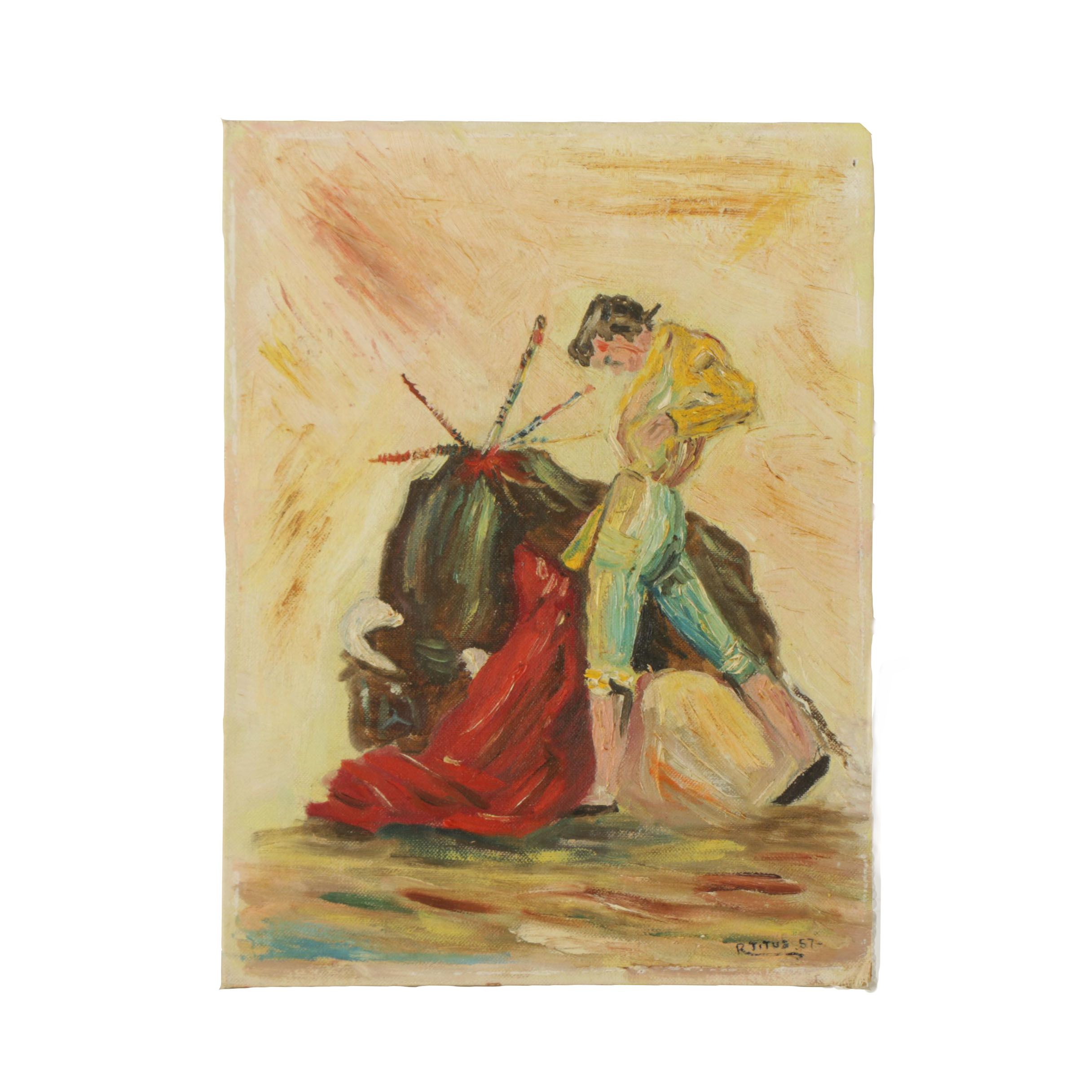 R. Titus 1957 Oil Painting on Canvas Board of Bull and Matador