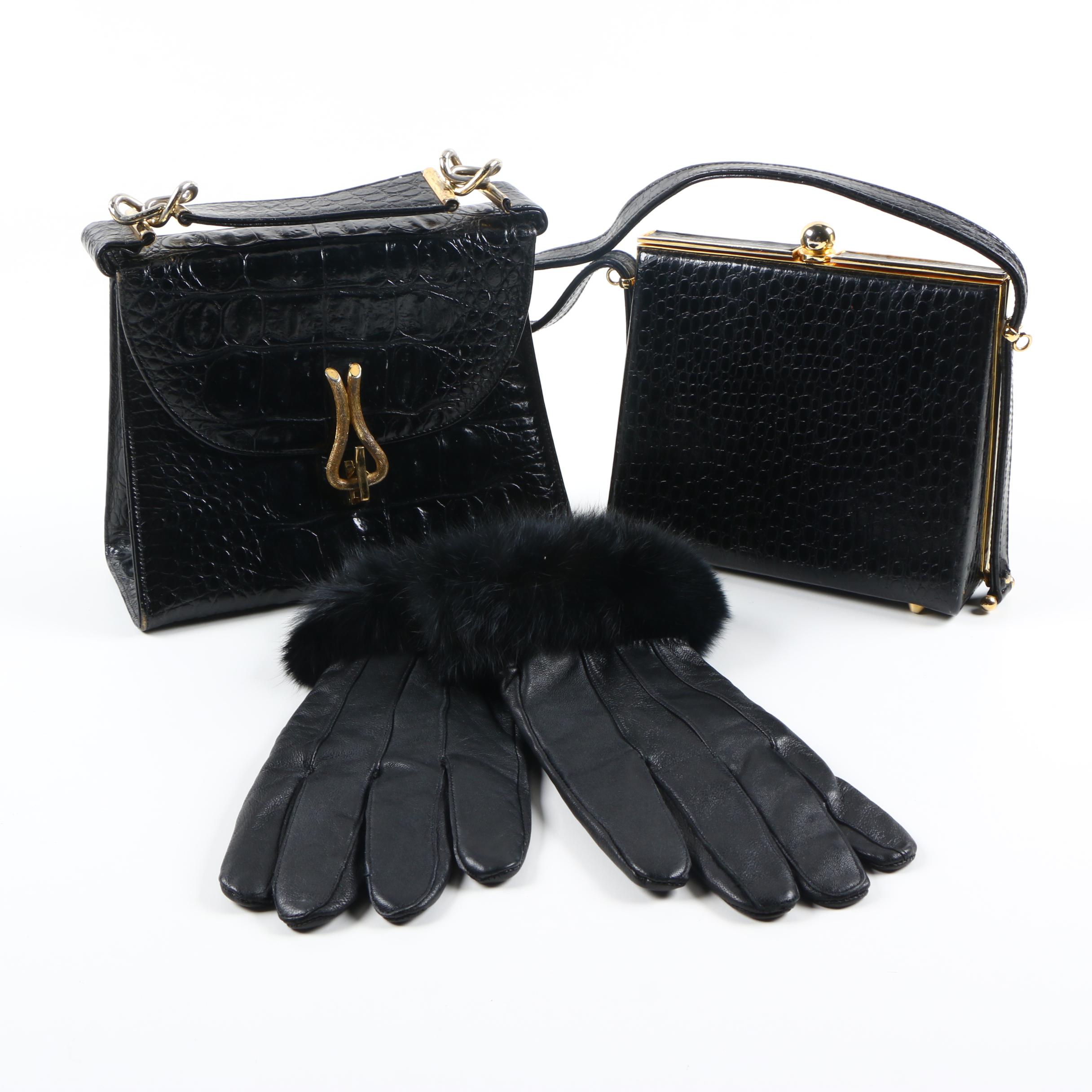 Vintage Alligator Leather Handbags and Fur-Trimmed Gloves