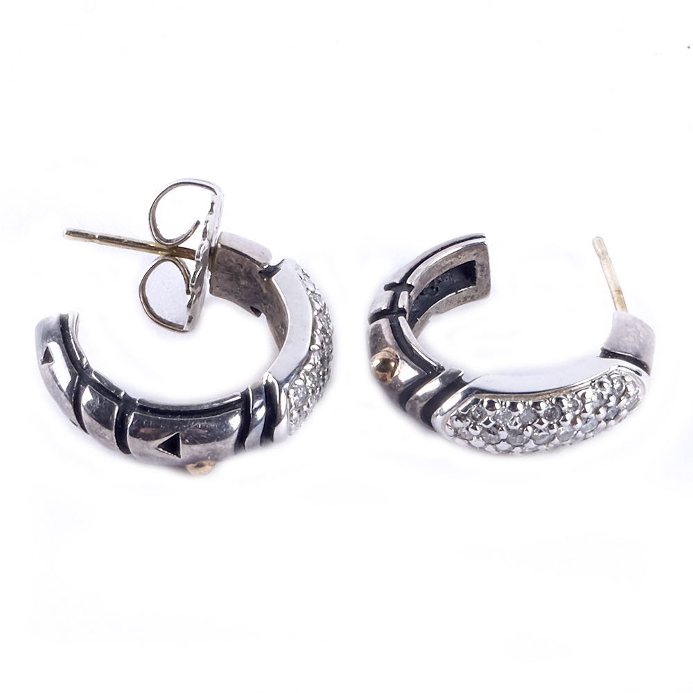 Sterling Silver Semi Hoop Earrings With Diamonds and 18K Yellow Gold Accents