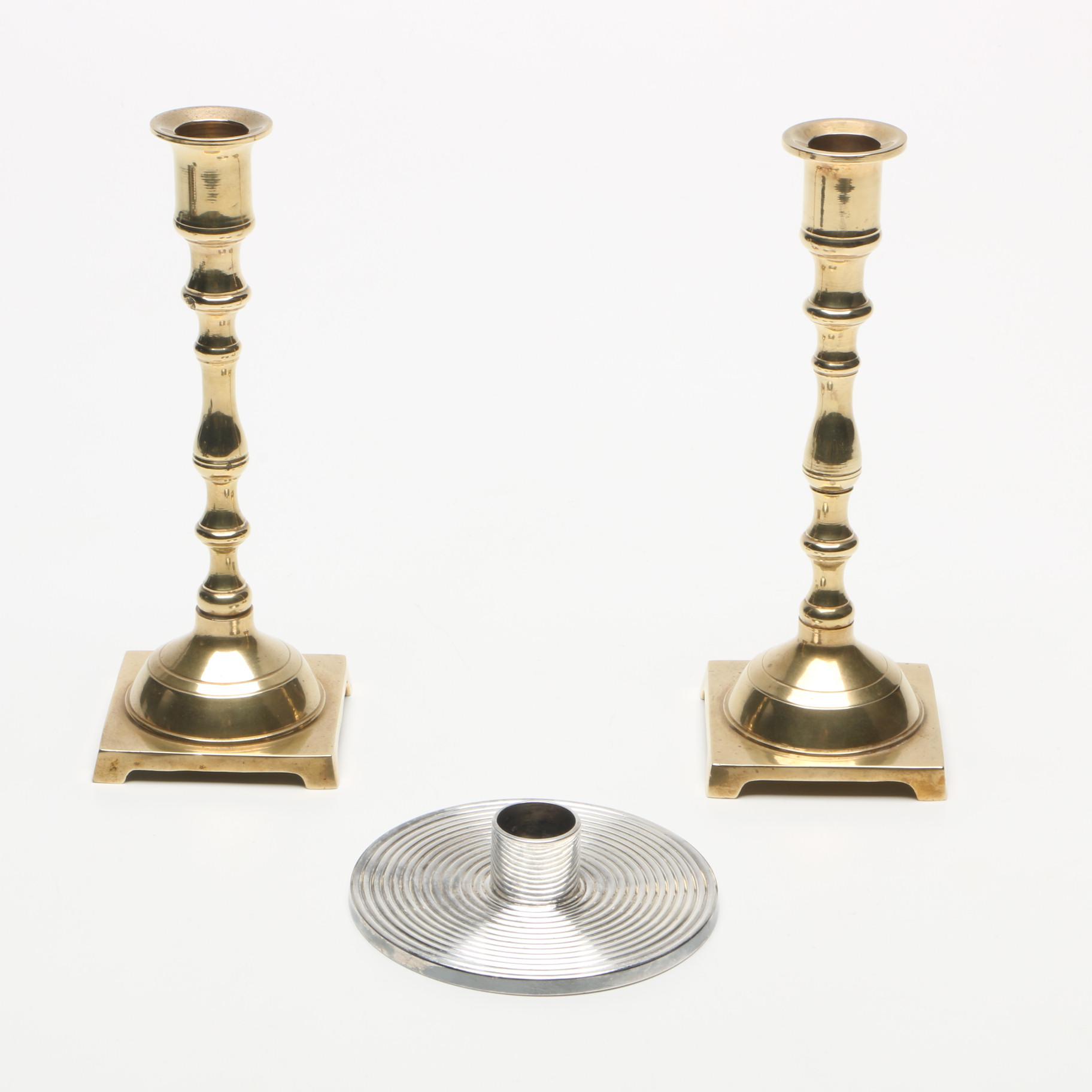 Brass Candlesticks and Silver-Tone Candleholder