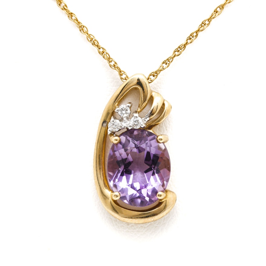 14K Yellow Gold 3.40 CT Amethyst and Diamond Pendant Necklace