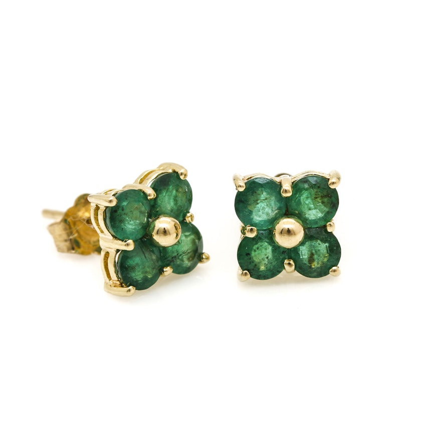 14K Yellow Gold Emerald Floral Stud Earrings
