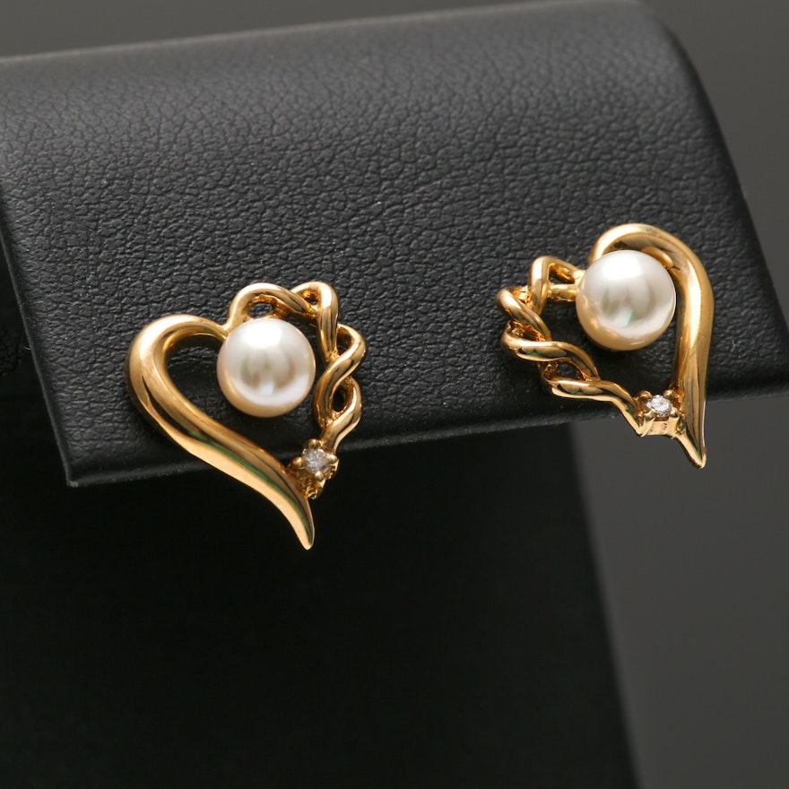 14K Yellow Gold Cultured Pearl and Diamond Heart Earrings