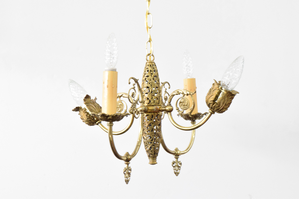 Antique Converted Gas and Electric Brass Filigree Chandelier