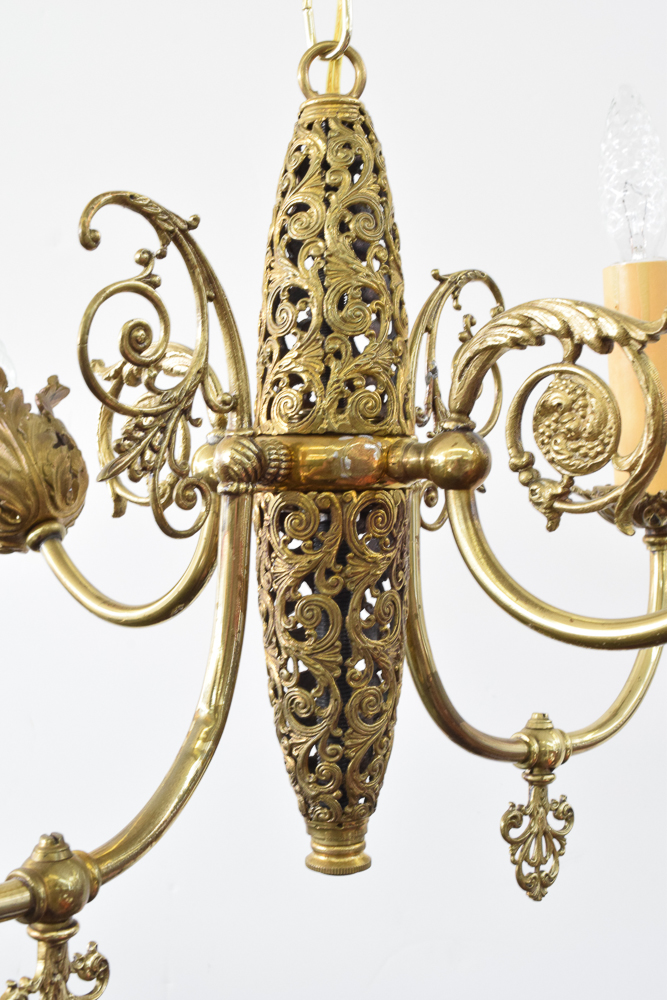 Antique Converted Gas and Electric Brass Filigree Chandelier