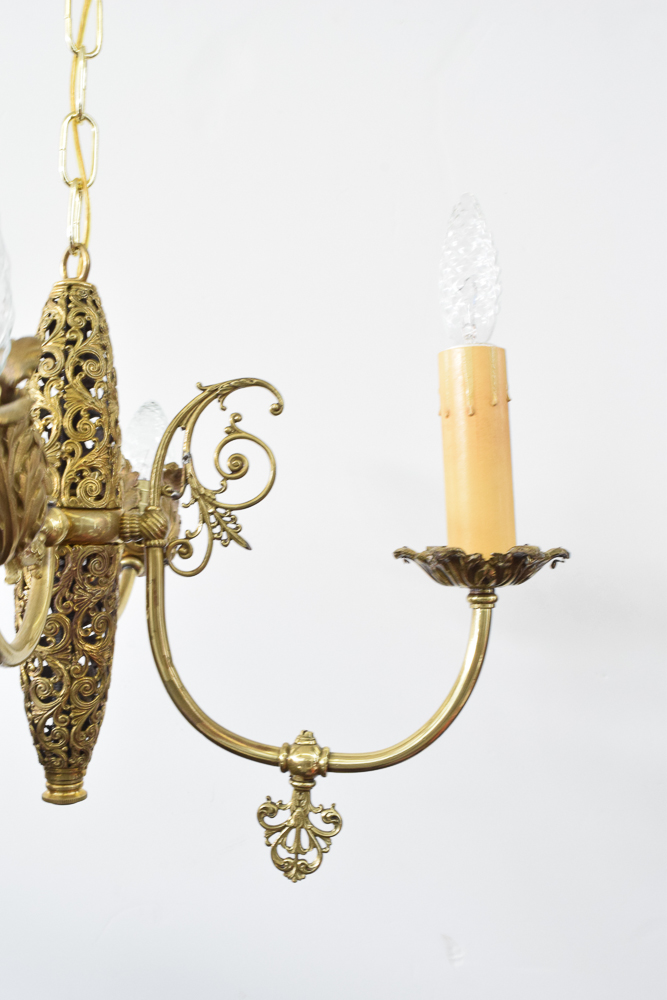 Antique Converted Gas and Electric Brass Filigree Chandelier