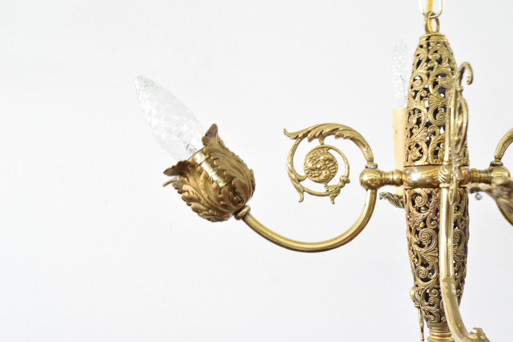 Antique Converted Gas and Electric Brass Filigree Chandelier
