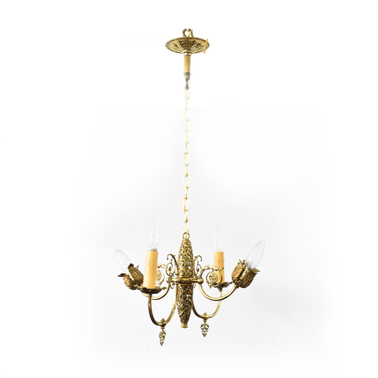 Antique Converted Gas and Electric Brass Filigree Chandelier