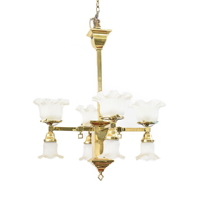 Converted Gas and Electric Brass Chandelier With Frosted Glass Shades
