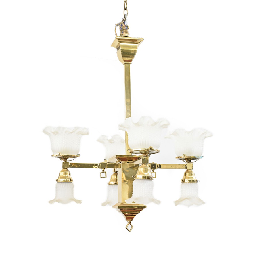 Converted Gas and Electric Brass Chandelier With Frosted Glass Shades