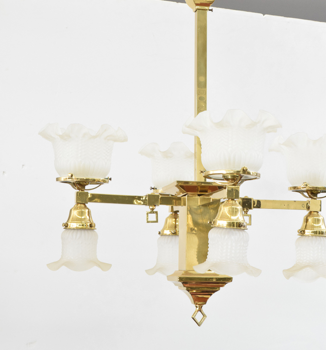 Converted Gas and Electric Brass Chandelier With Frosted Glass Shades