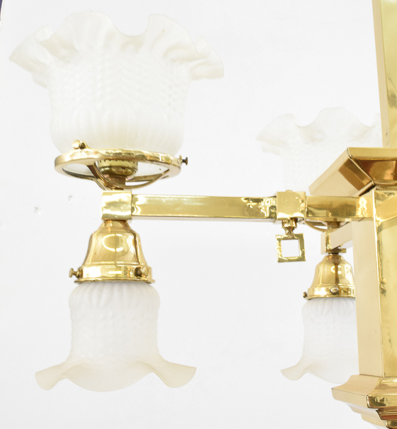 Converted Gas and Electric Brass Chandelier With Frosted Glass Shades