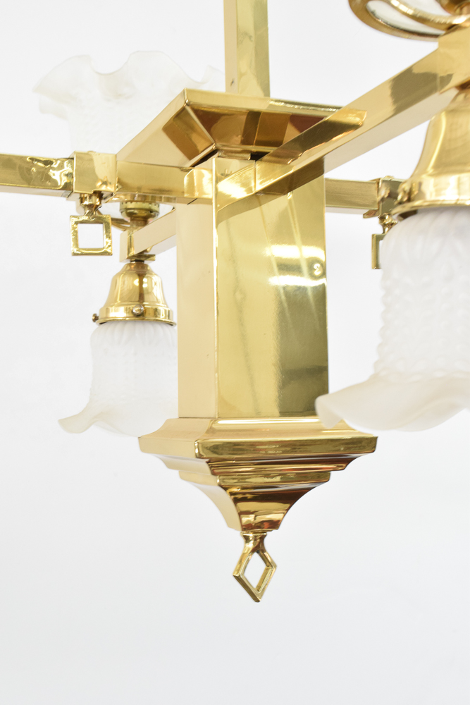Converted Gas and Electric Brass Chandelier With Frosted Glass Shades