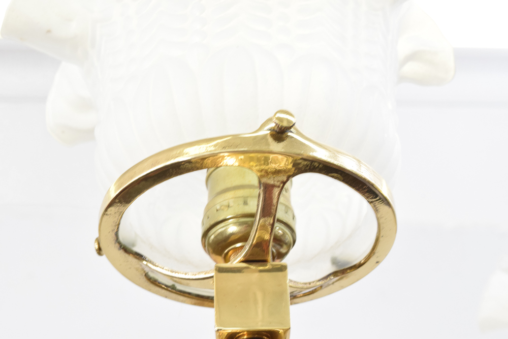 Converted Gas and Electric Brass Chandelier With Frosted Glass Shades