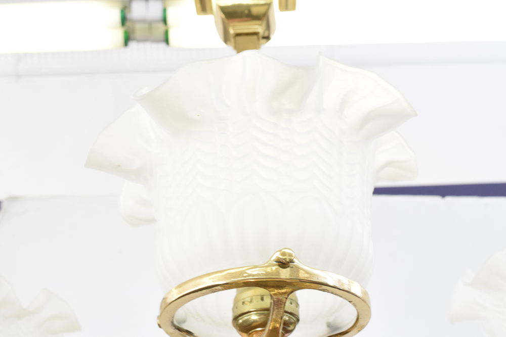 Converted Gas and Electric Brass Chandelier With Frosted Glass Shades