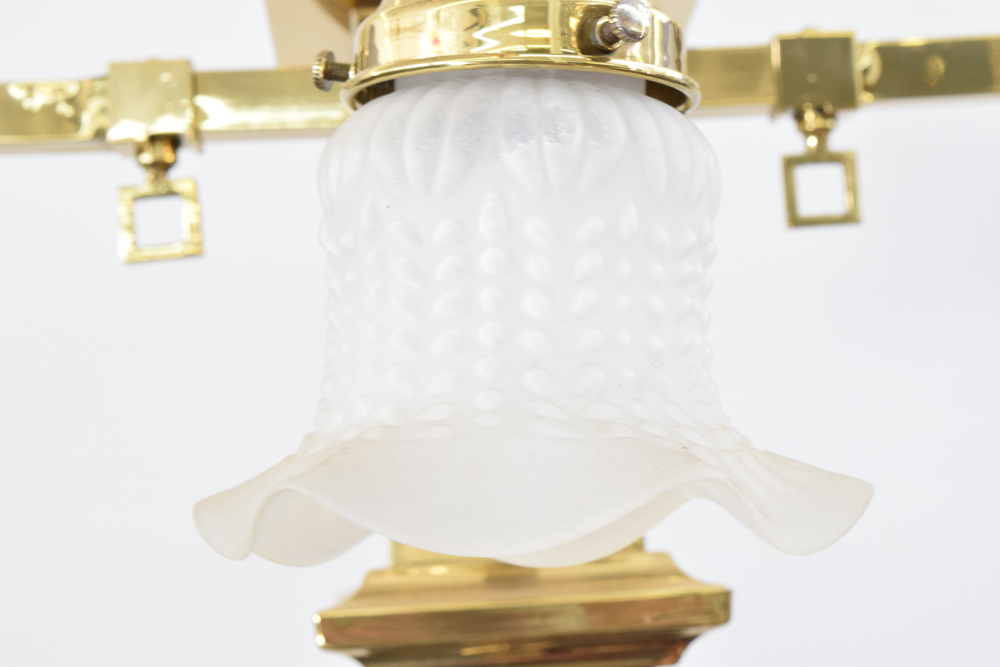 Converted Gas and Electric Brass Chandelier With Frosted Glass Shades