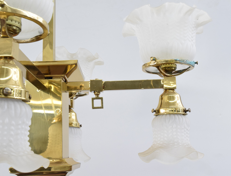 Converted Gas and Electric Brass Chandelier With Frosted Glass Shades
