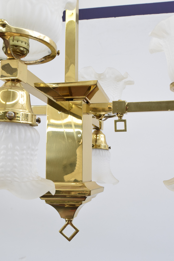 Converted Gas and Electric Brass Chandelier With Frosted Glass Shades