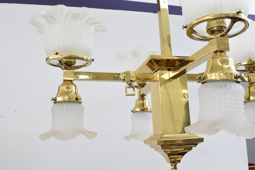 Converted Gas and Electric Brass Chandelier With Frosted Glass Shades