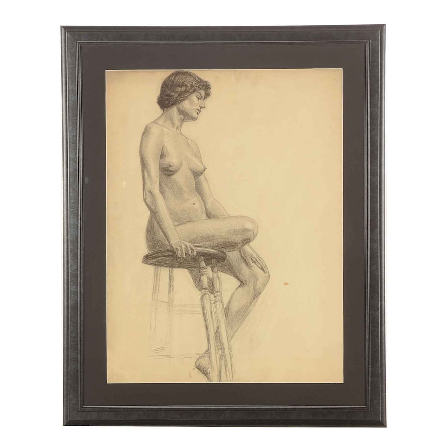 Charcoal on Paper Attributed to Evelyn Levy Shaw of a Nude Portrait