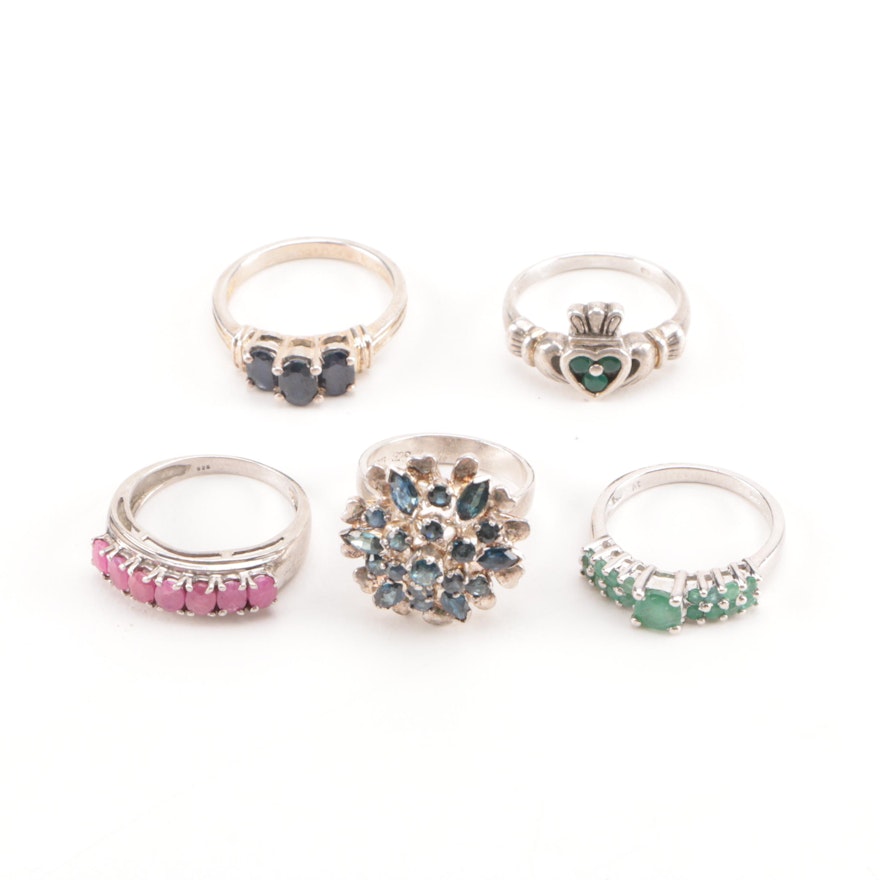 Sterling Silver Rings with Gemstones Including Ruby