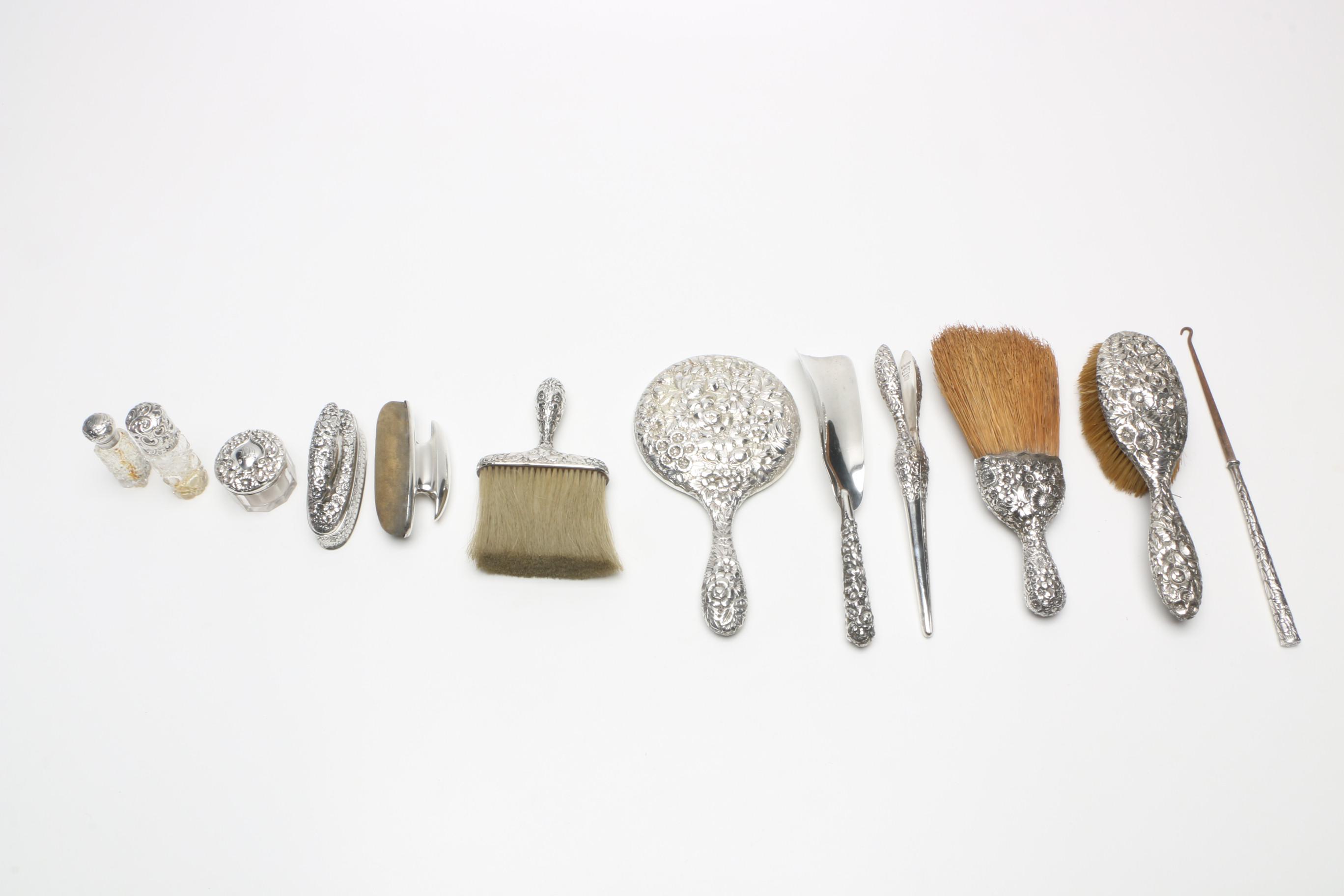 1893 William Stringer Mills London Powder Jar with Other Sterling Vanity Items